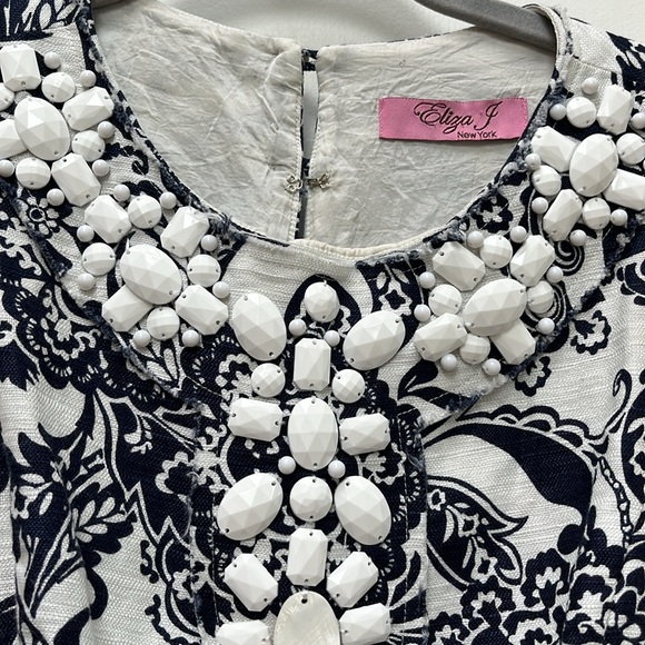 Eliza J navy/white linen dress 4 w pockets - Picture 2 of 7